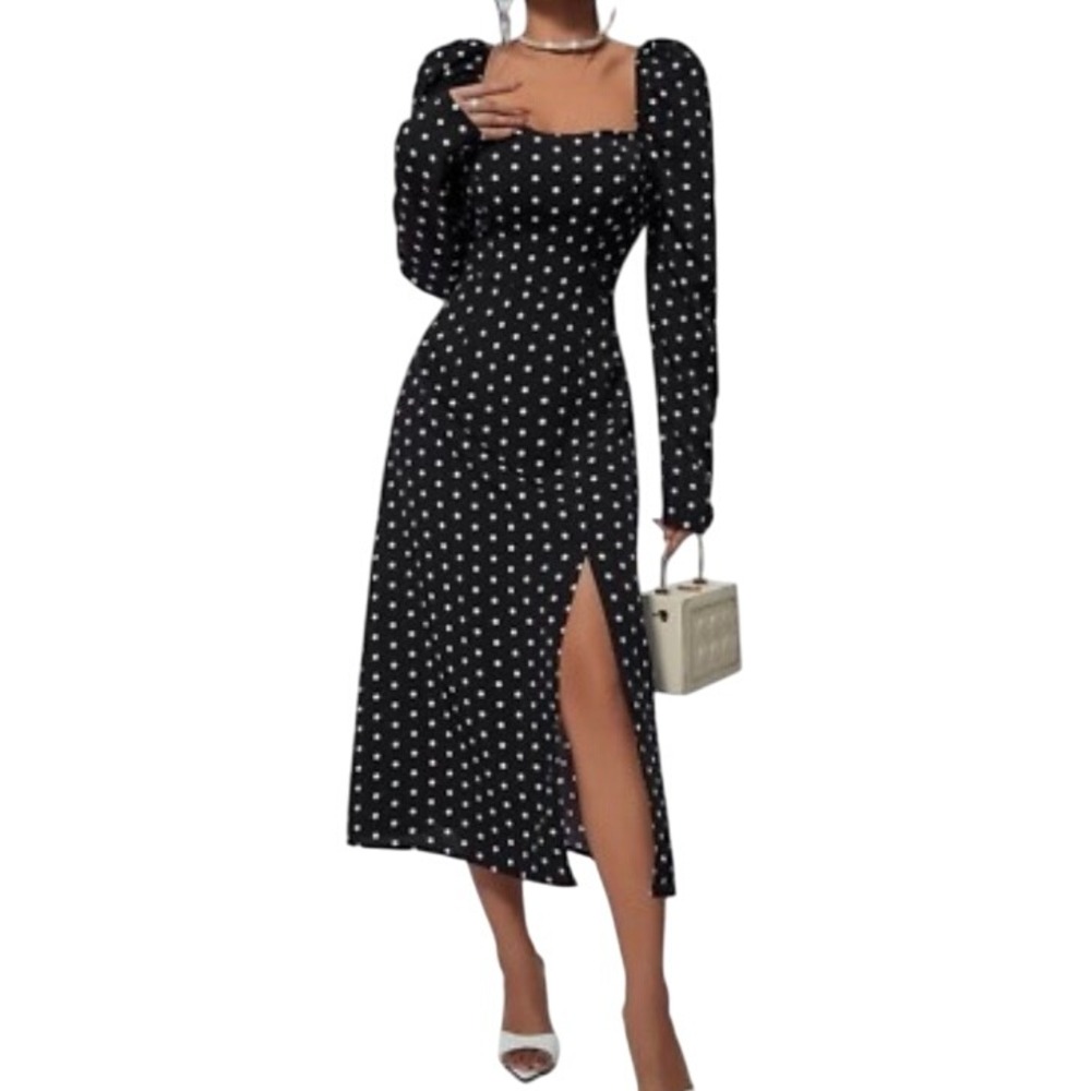 Lulus Charmed‎ and Classy Polka Dot Long Sleeve Midi Dress Women's Medium A-Line